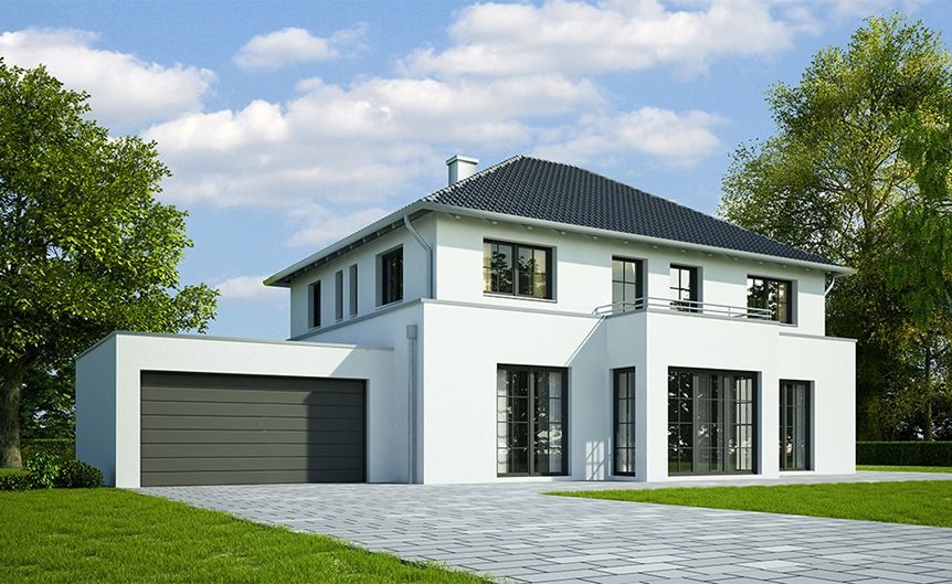 Modernes zweistöckiges weißes Haus mit dunklem Dach, großen Fenstern und angebauter Garage, umgeben von üppigem Grün und einer gepflasterten Auffahrt.